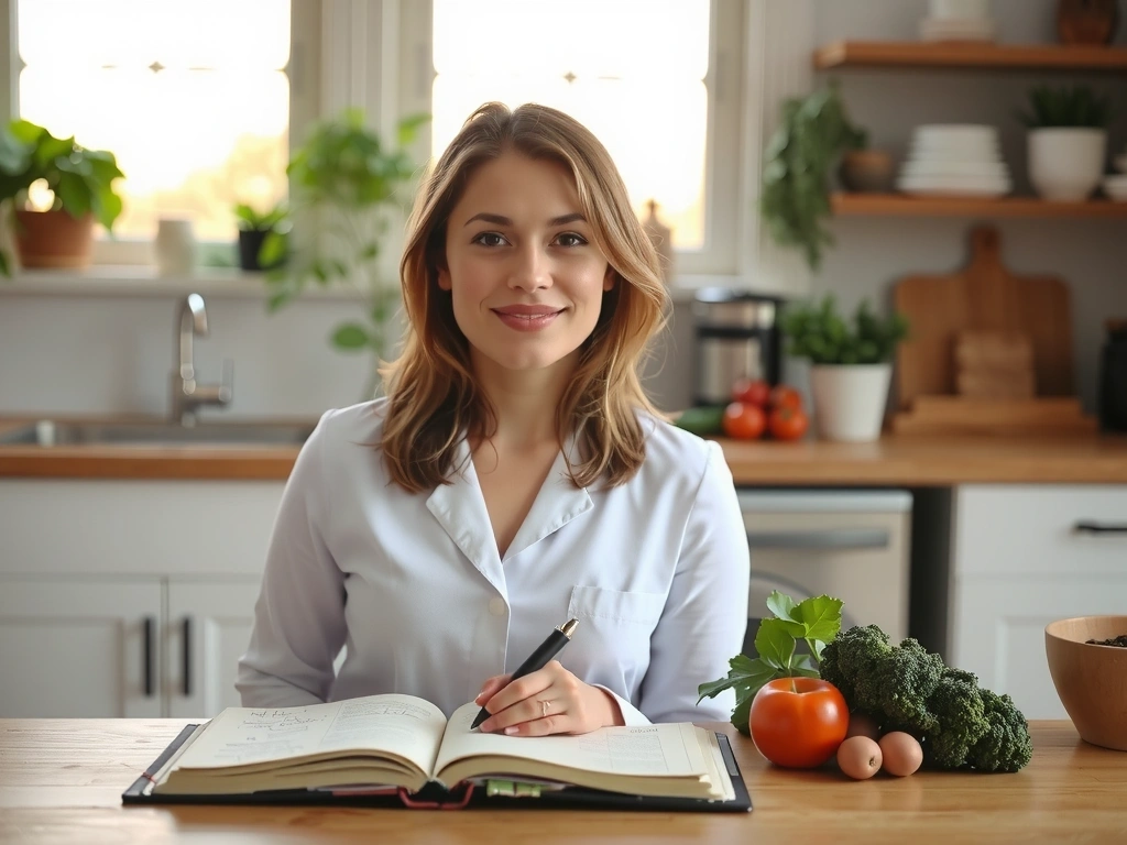 Nutriční specialista v kuchyni s poznámkami